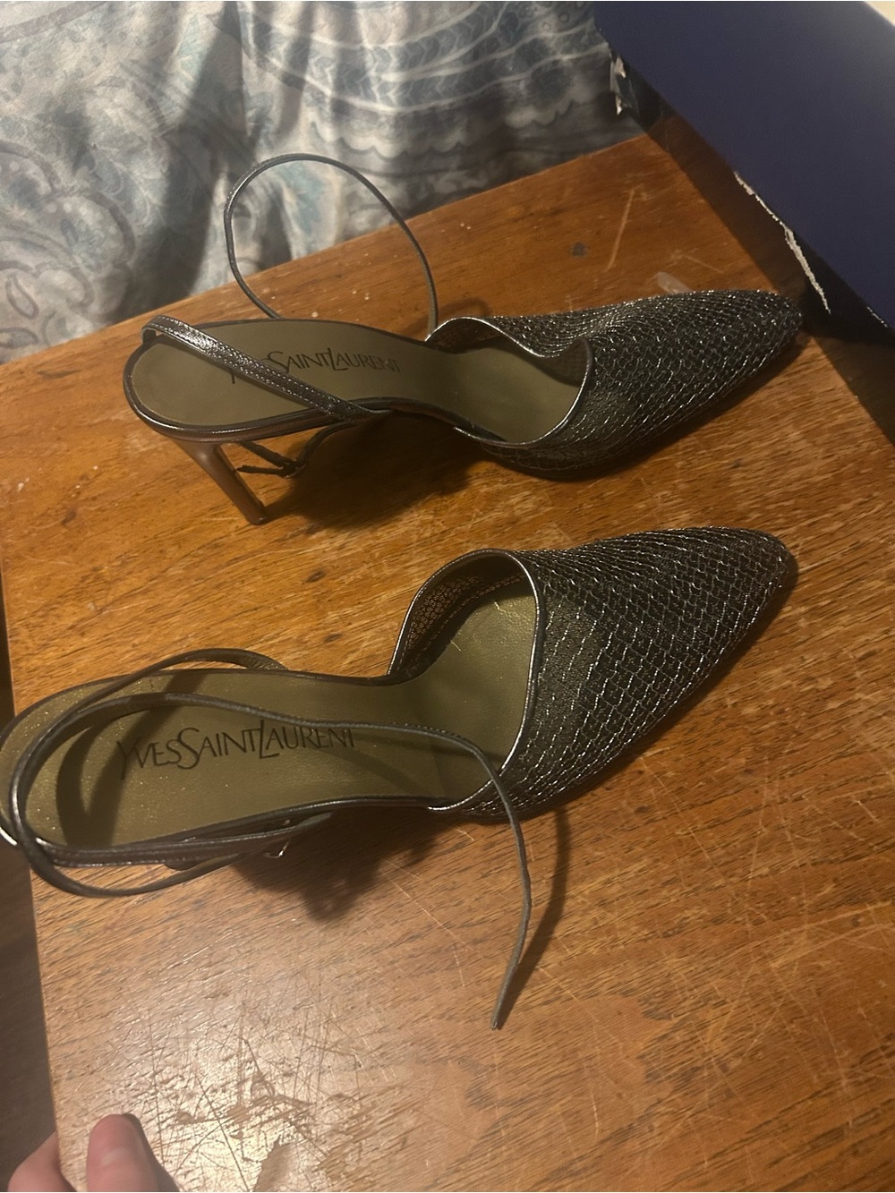 Yves Saint Laurent Metallic Black Slingback Pointed Heels